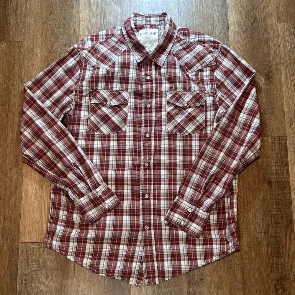 Aeropostale Mens Red Plaid Pearl Snap Western Shirt Vintage Fit Medium Cabincore